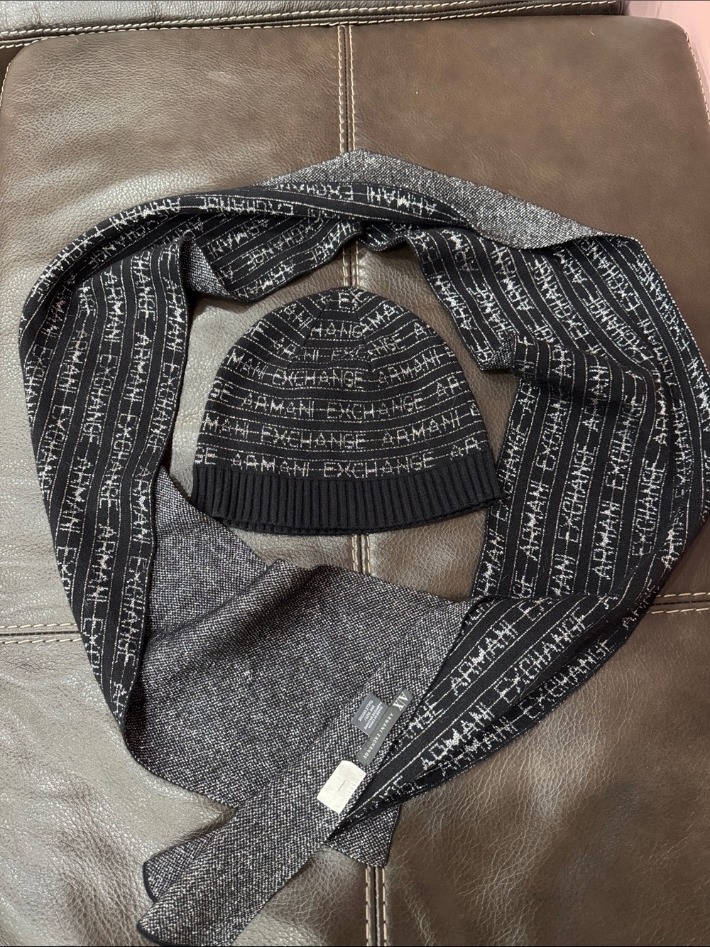 Armani Exchange Black and Gray Logo Knit Beanie & Scarf Set - Picture 2 of 2